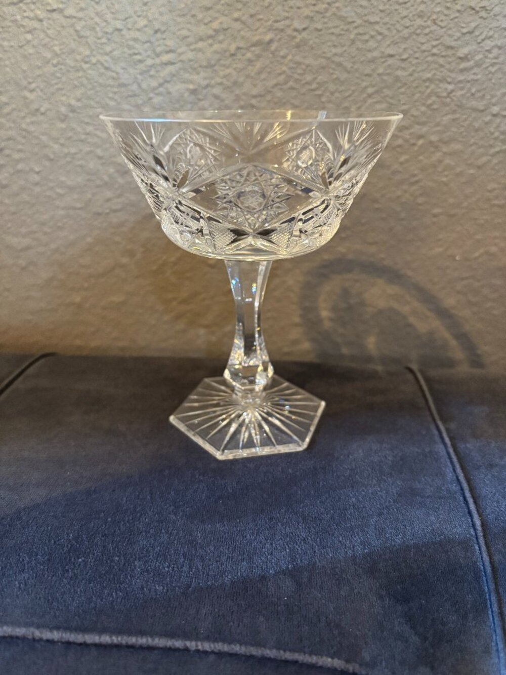 Vintage Bohemia Crystal Champagne Coupe Glass, Faceted Stem